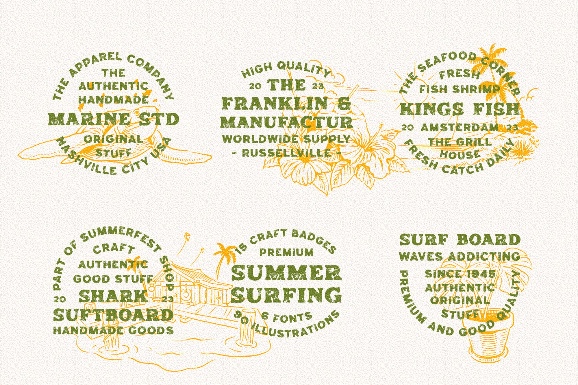 Vintage seafood, surf, coastal badges with hand-drawn line illustrations in olive green, yellow tones