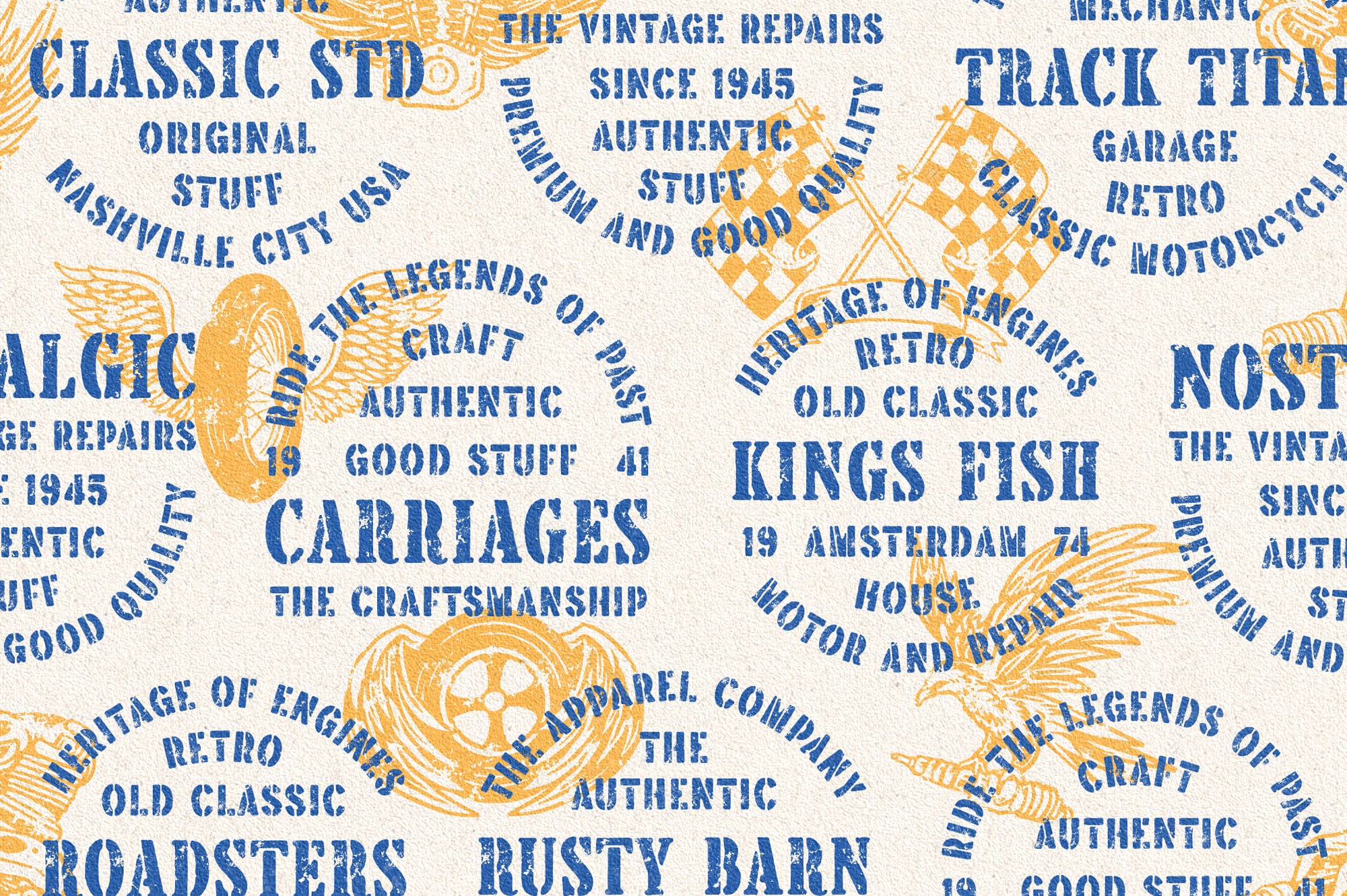 Vintage garage text pattern with blue lettering, orange wings, wheels, checkered flags on cream background