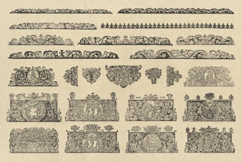 Vintage ornamental borders, dividers, corner pieces with baroque scrollwork on cream paper