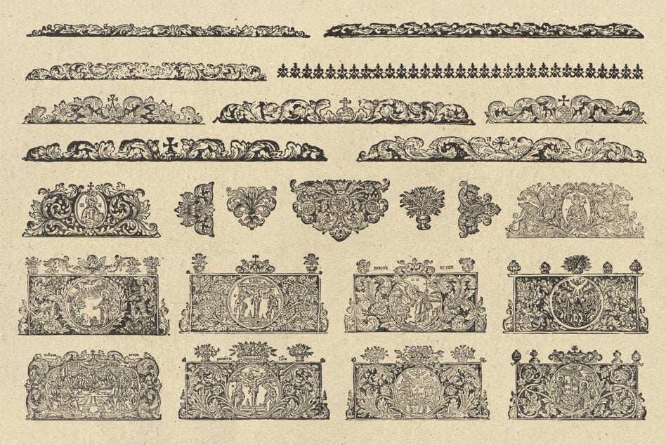 Vintage ornamental borders, dividers, corner pieces with baroque scrollwork on cream paper
