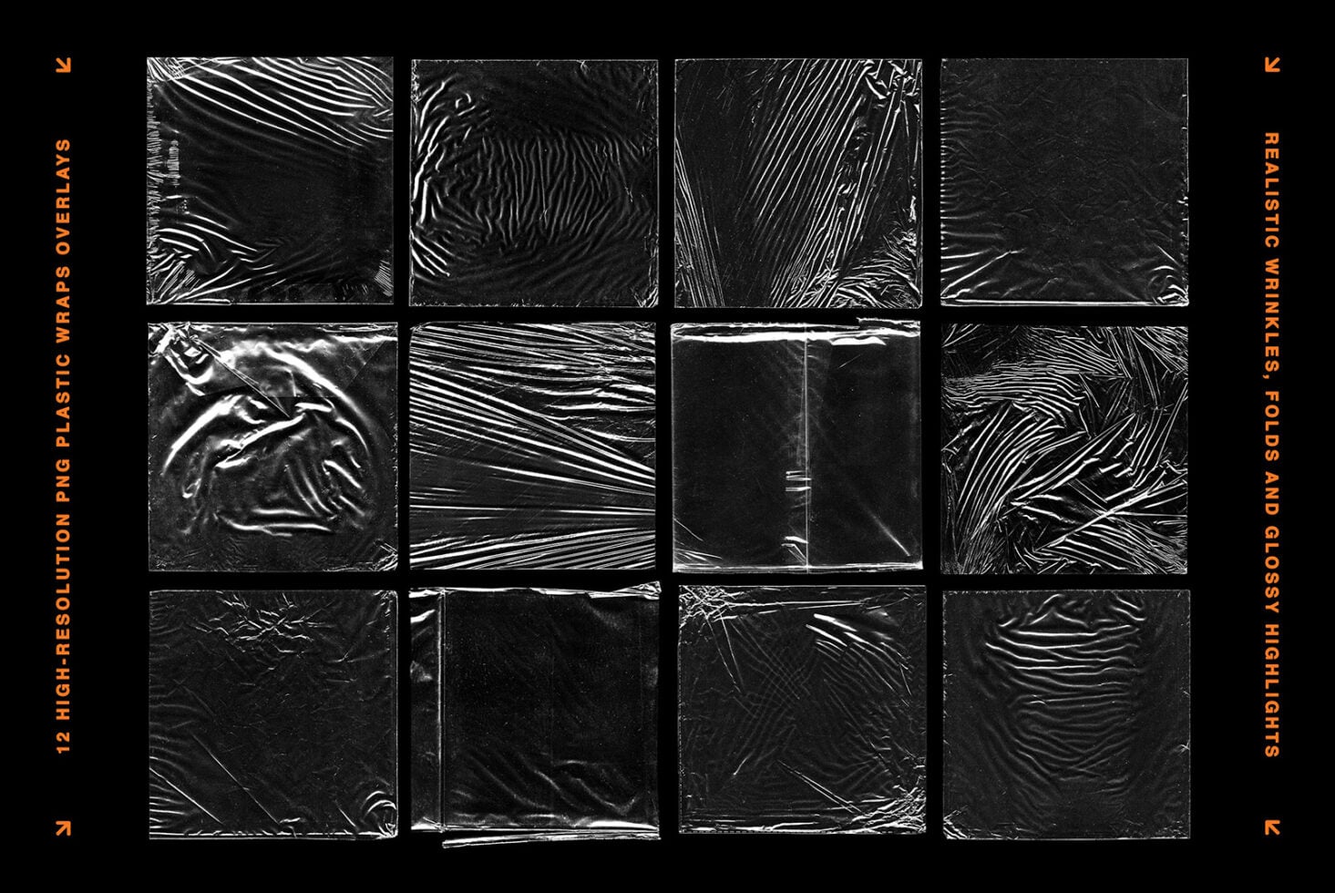 Grid of 12 black plastic wrap textures with wrinkles, creases, folds showing glossy surfaces