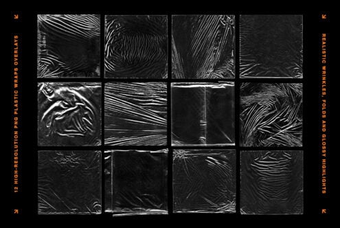 Grid of 12 black plastic wrap textures with wrinkles, creases, folds showing glossy surfaces