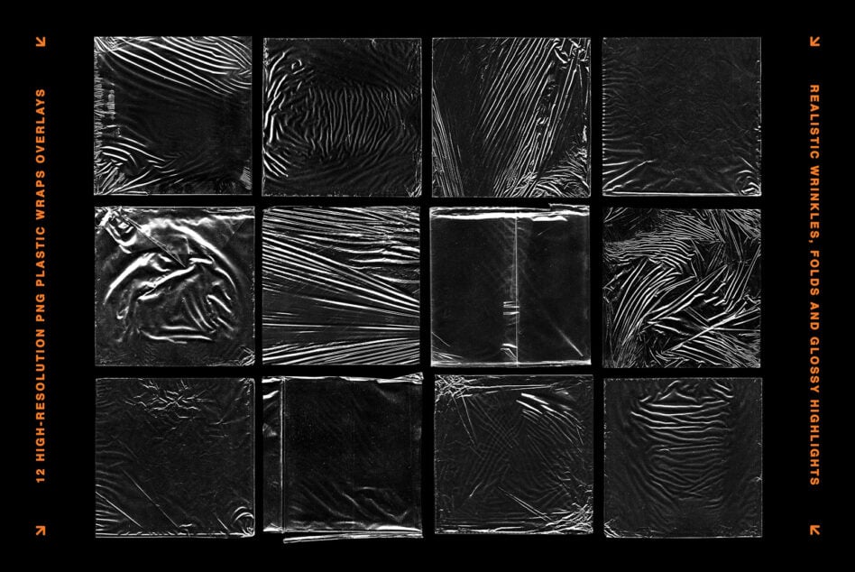 Grid of 12 black plastic wrap textures with wrinkles, creases, folds showing glossy surfaces