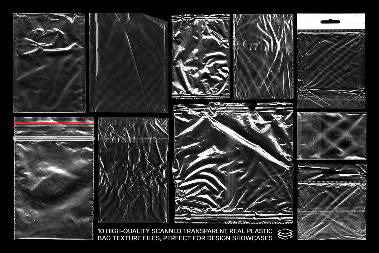 Scanned plastic bag textures with crinkles, folds, plus one with red zip detail