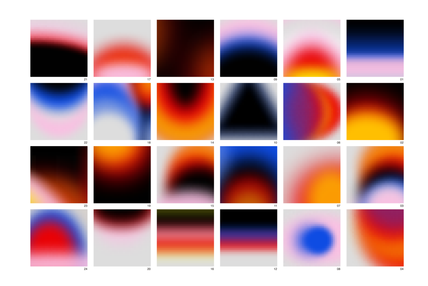 Grid of 24 vibrant gradient backgrounds with soft blurs, blues, pinks, oranges, reds