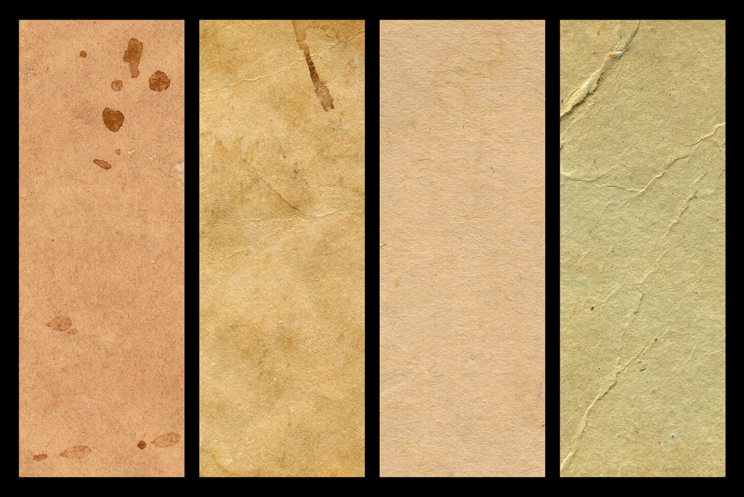 Four worn paper textures in warm earth tones with creases, stains, plus vintage vibes