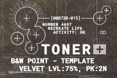 Retro sci-fi toner template mockup with crosshair circles, technical specs, grainy texture overlay