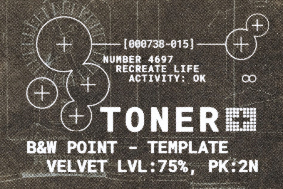 Retro sci-fi toner template mockup with crosshair circles, technical specs, grainy texture overlay
