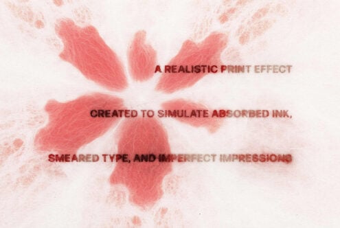 Grungy red ink bleed effect with smudged text on cream paper showing realistic absorbed ink texture