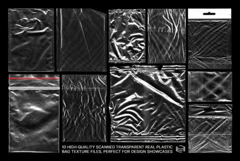 Scanned plastic bag textures with crinkles, folds, plus one with red zip detail