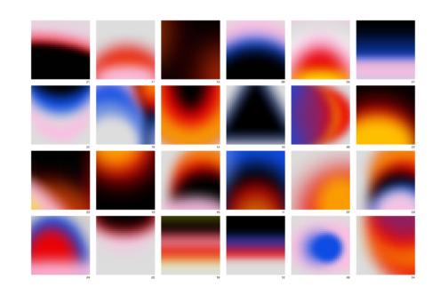 Grid of 24 vibrant gradient backgrounds with soft blurs, blues, pinks, oranges, reds