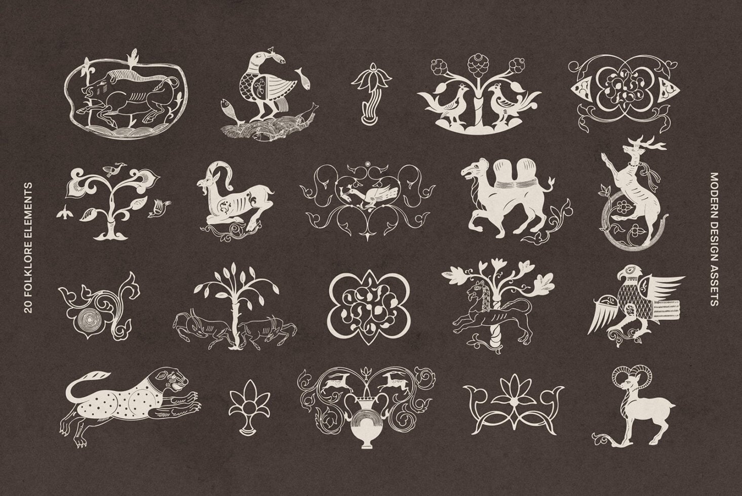 20 ornamental folklore design elements with mythical creatures, decorative flora, baroque flourishes on dark background