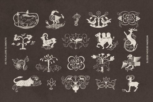 20 ornamental folklore design elements with mythical creatures, decorative flora, baroque flourishes on dark background