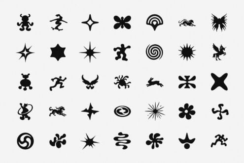 Retro mythical creatures with geometric shapes in solid black silhouettes