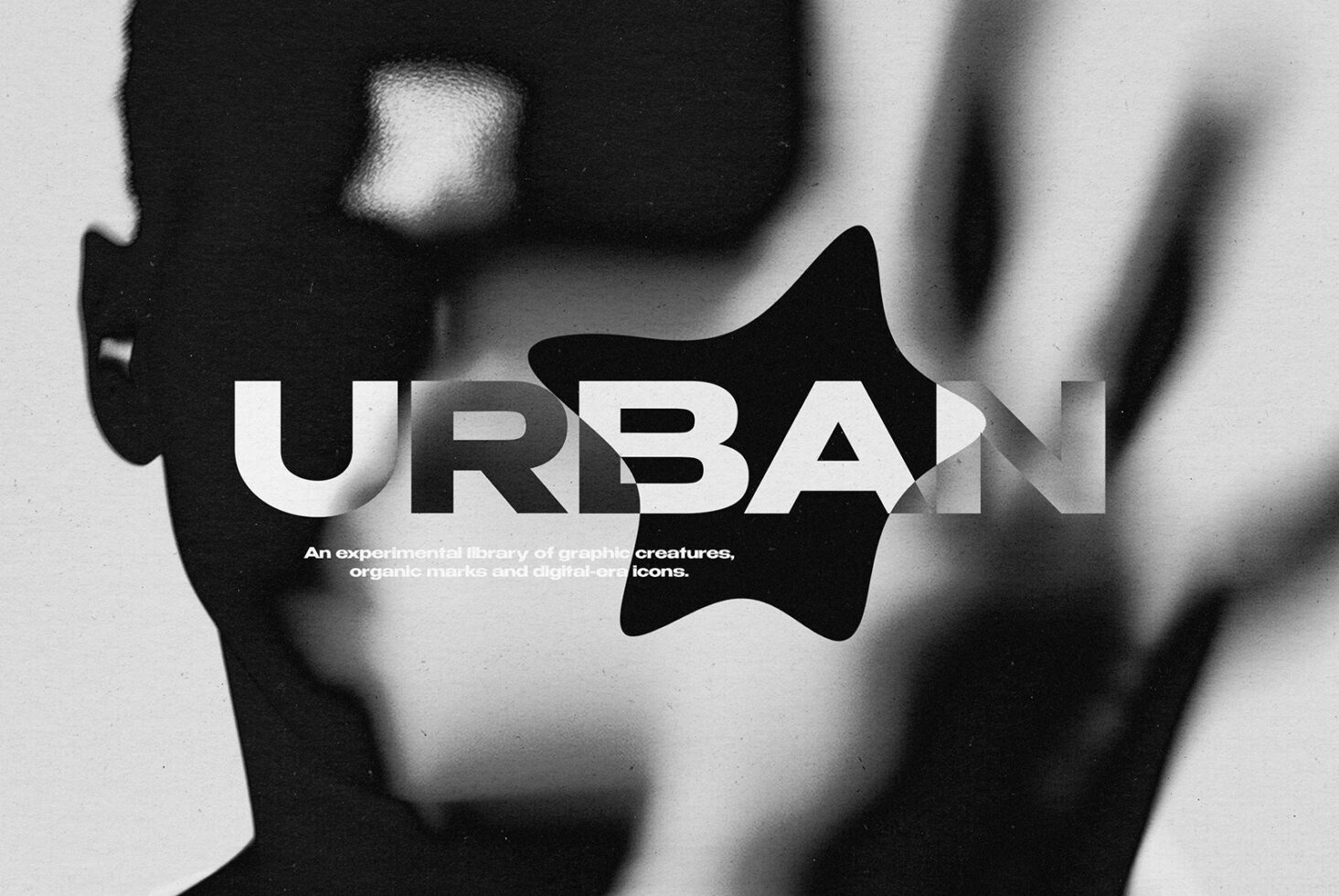 Urban typography cover with blurred figure, bold white letters over black abstract shape