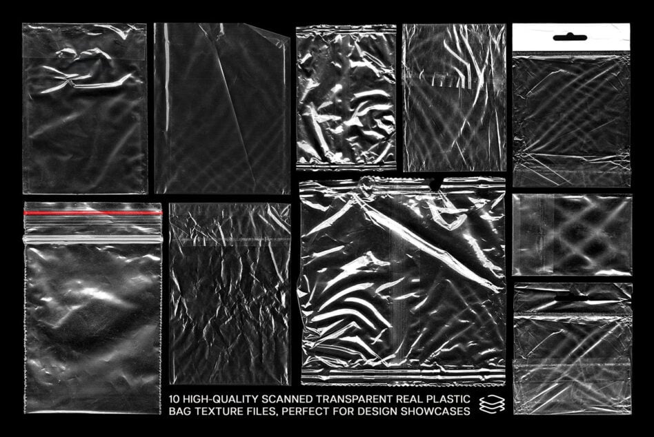 Scanned plastic bag textures with crinkles, folds, plus one with red zip detail