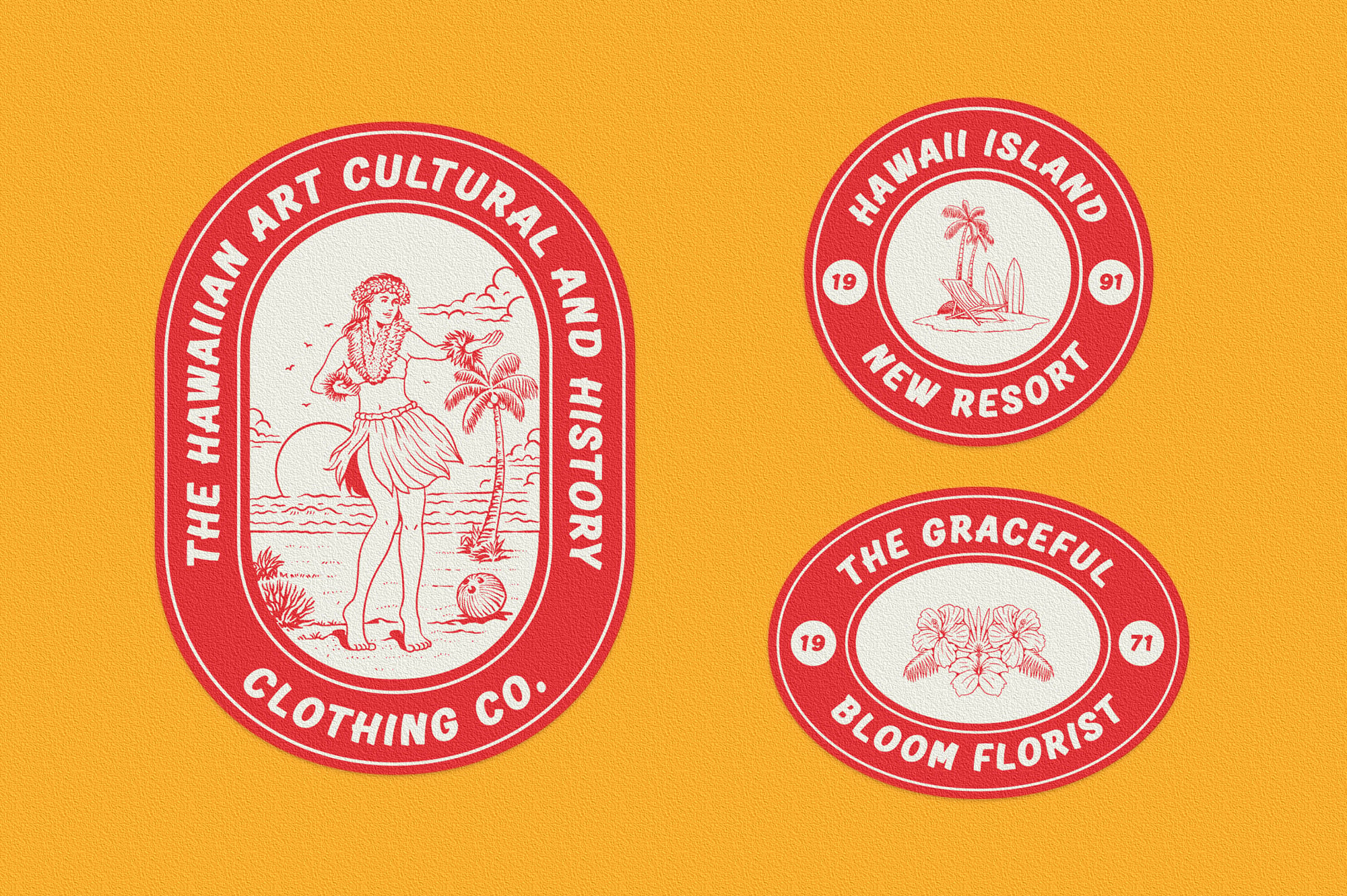 Retro red badge logos with Hawaiian girl, palm trees, surfboards on bright yellow background
