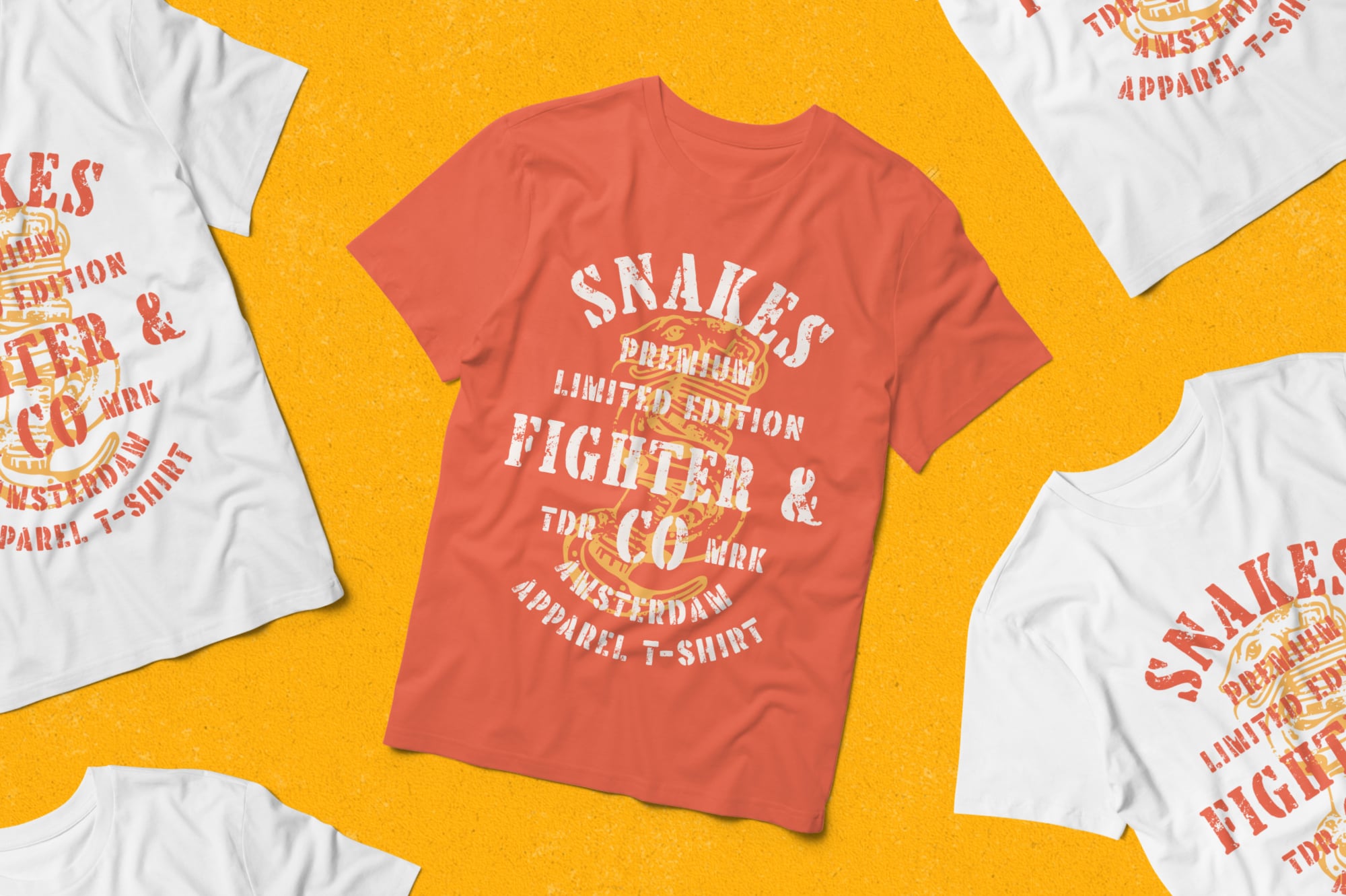 Coral tee with vintage "Snakes Fighter" graphic centered on bright yellow background with white shirt variations