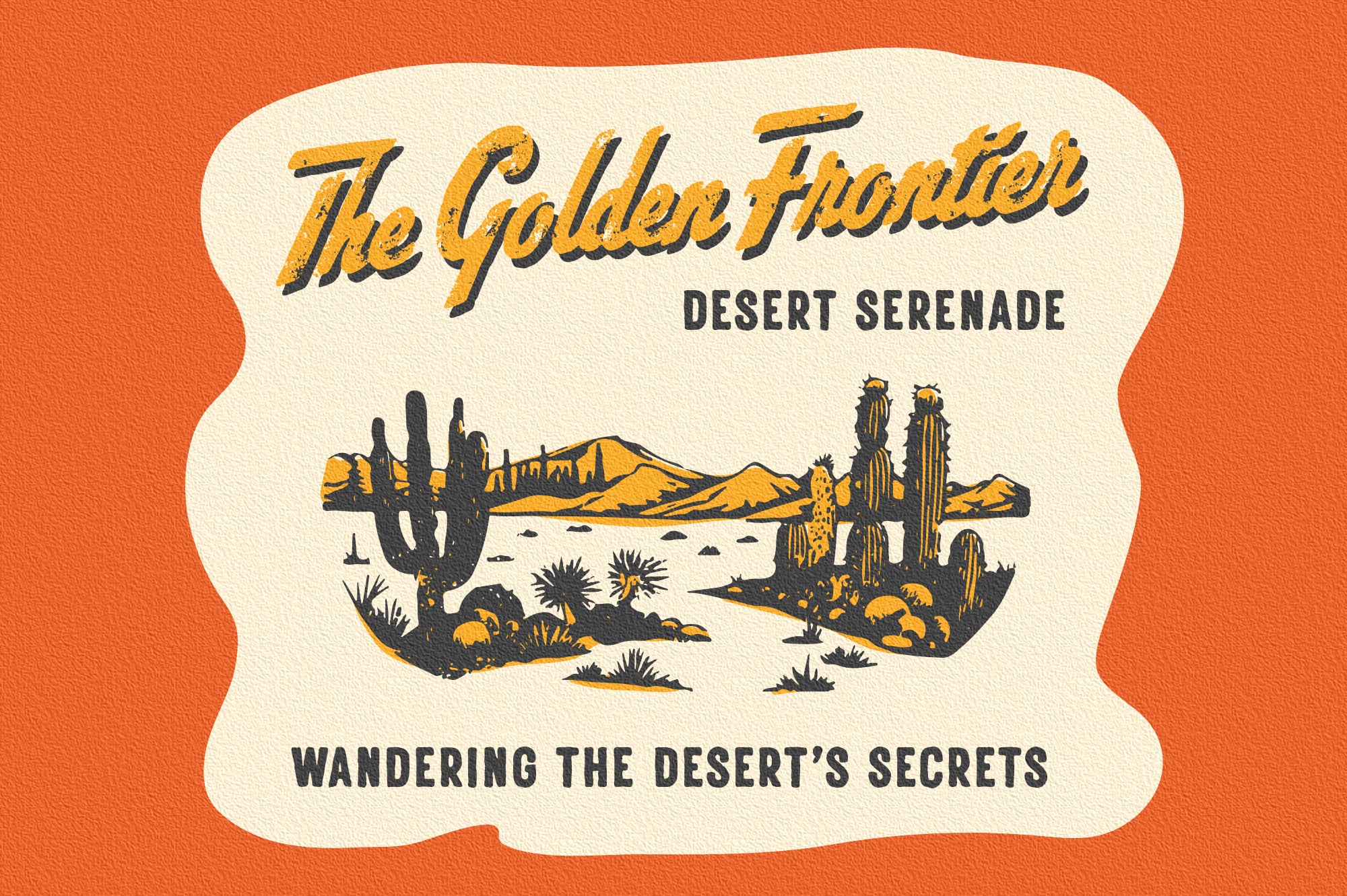 Vintage desert label design with saguaro cacti, mountains, retro script lettering on cream badge shape