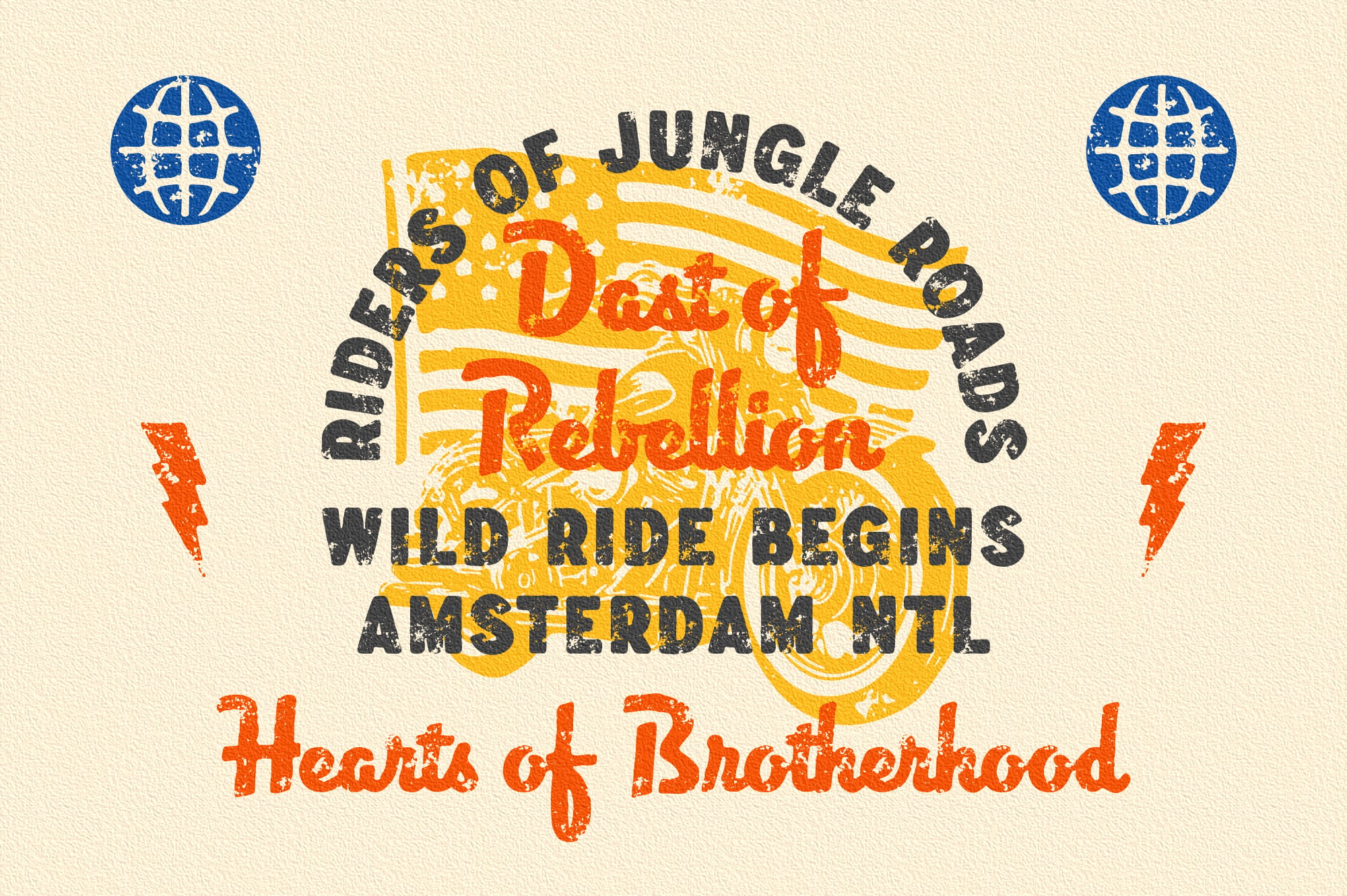 Retro biker graphic with distressed text, globe icons, lightning bolts on cream background