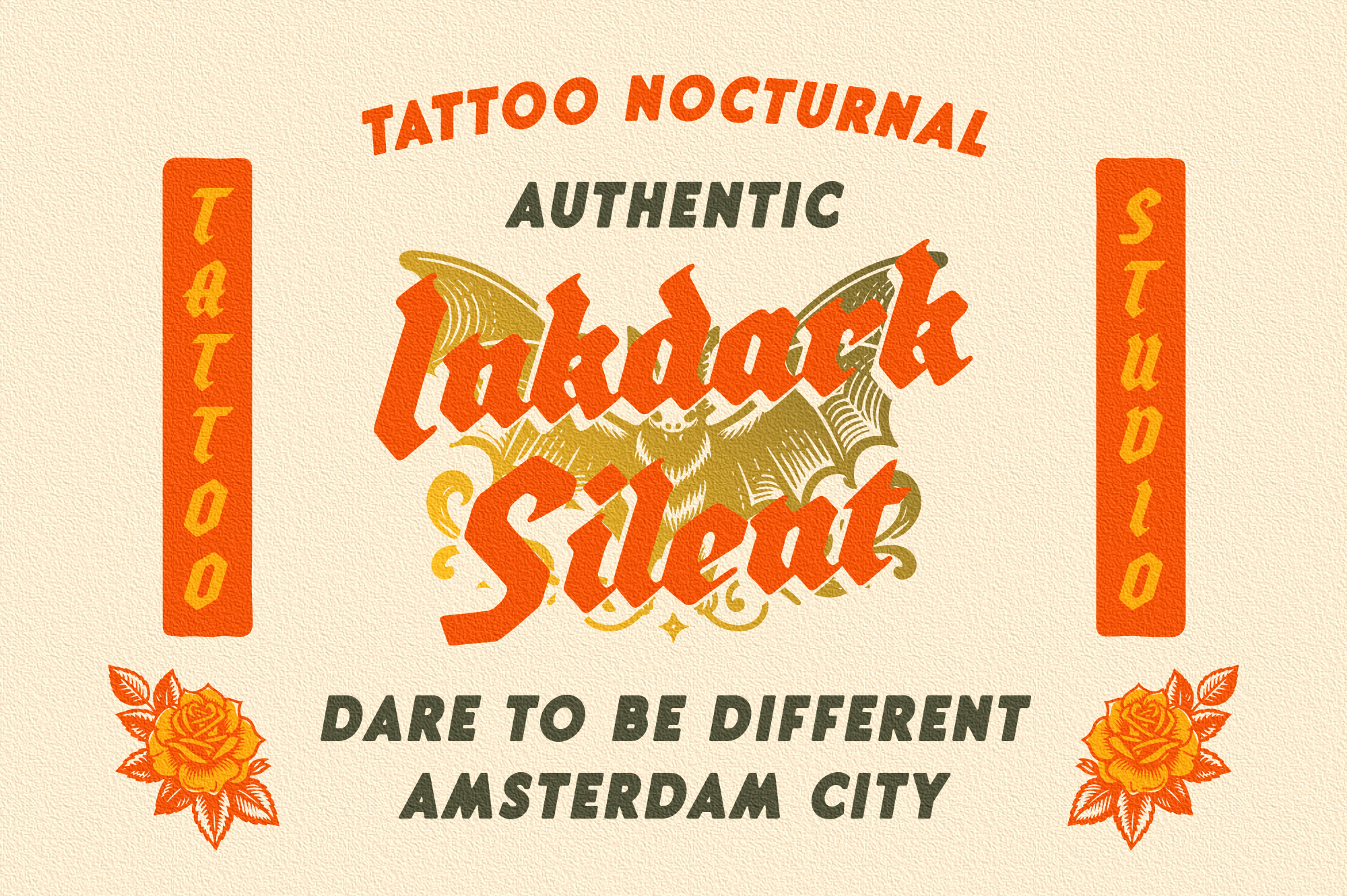 Vintage tattoo parlor design with bold orange lettering, winged bat motif, roses, Amsterdam branding on cream background