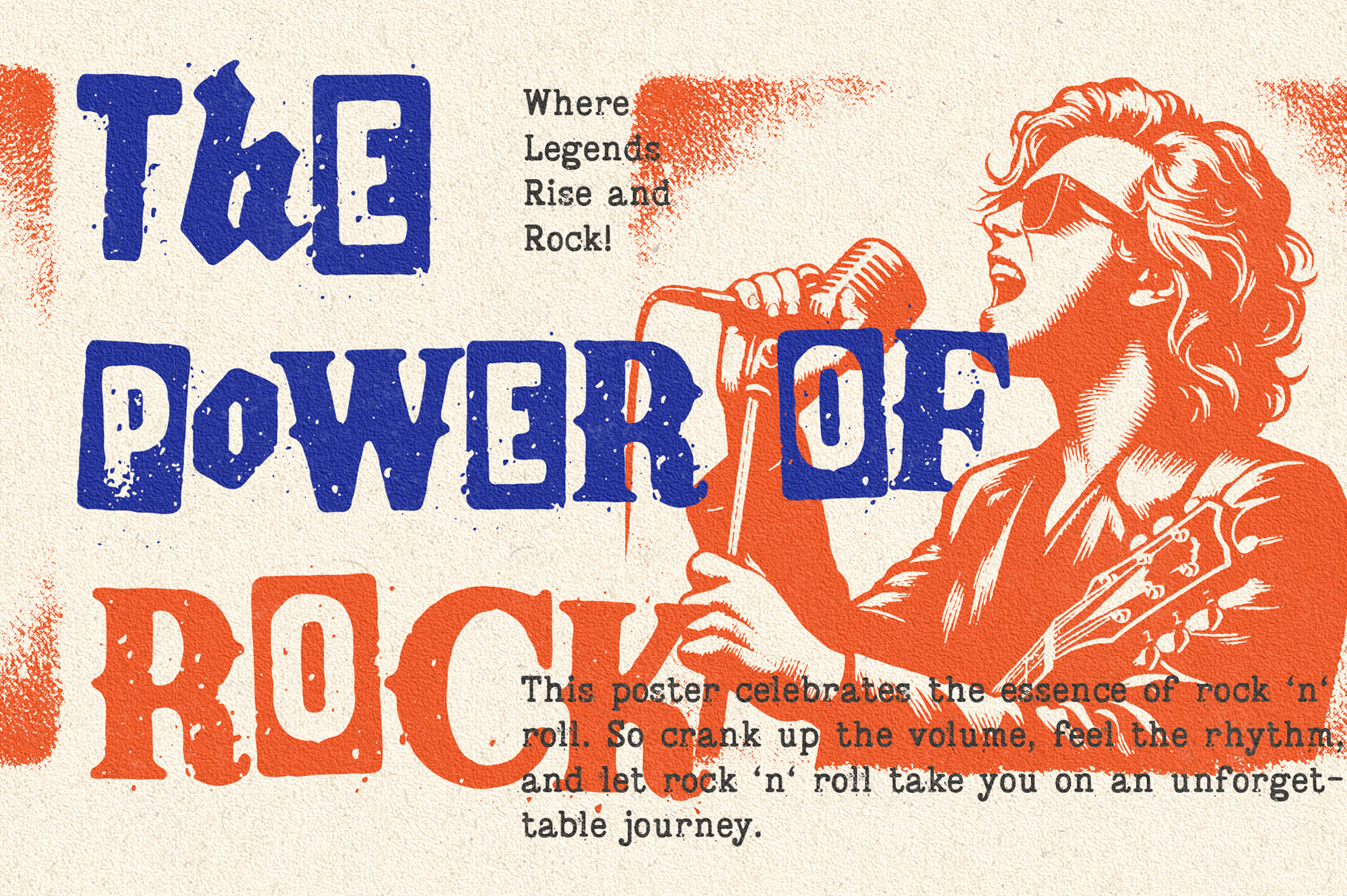 Vintage rock poster with bold blue lettering, orange illustration of a musician with long hair playing guitar, distressed texture throughout