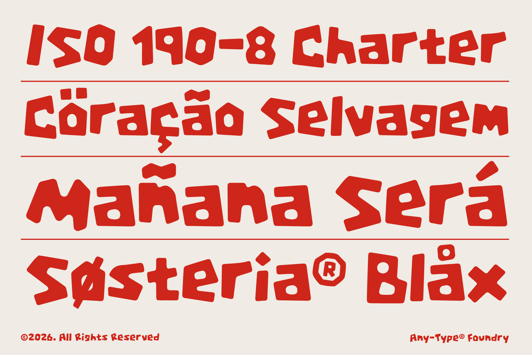 Bold red distressed typeface displaying international text samples with horizontal divider lines