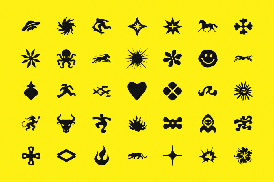 Bold black silhouette icons on bright yellow background with stars, animals, symbols
