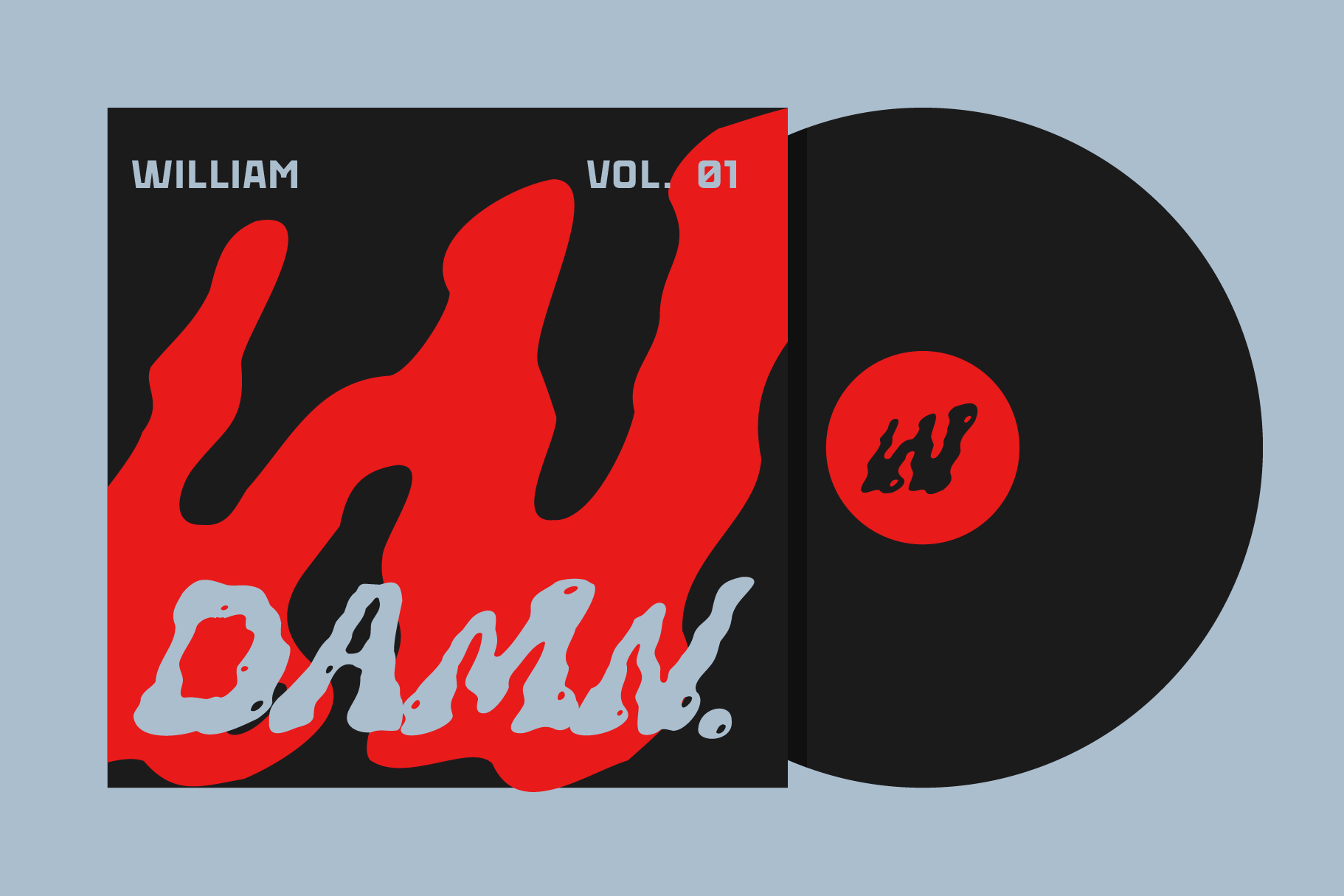 Vinyl album mockup with red liquid shapes on black sleeve, William Vol. 01 Dali branding