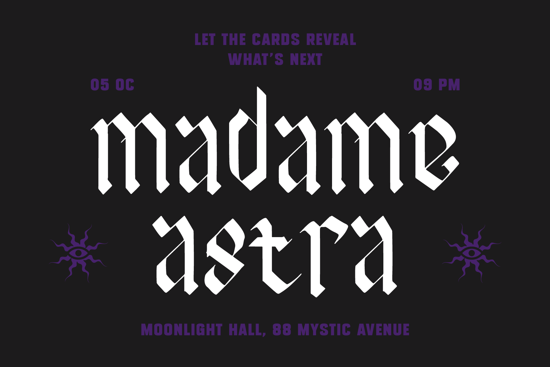 Mystical tarot event poster with gothic white lettering, purple accents, date, time, venue details on black background