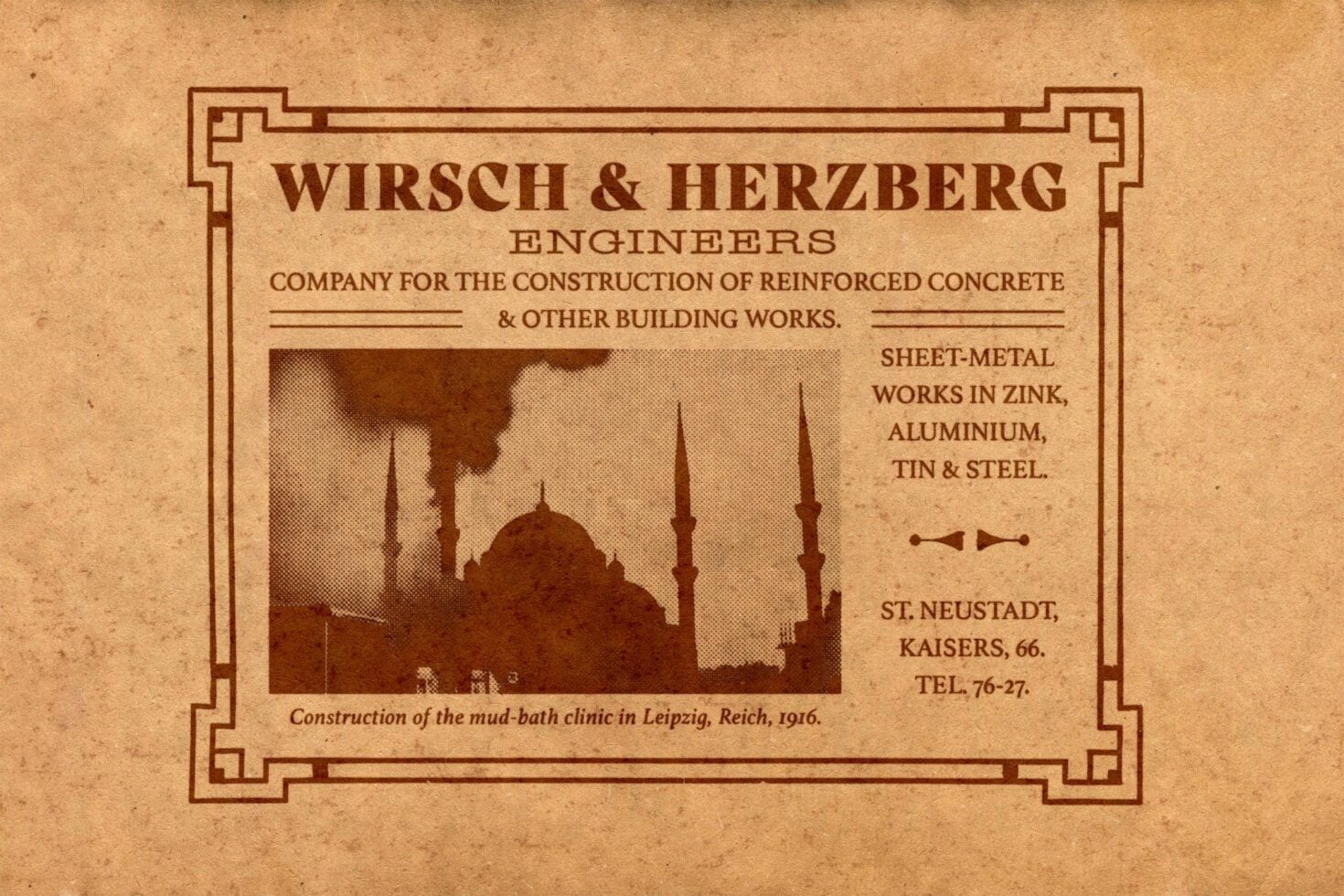 Vintage 1916 German engineering company ad with ornate border, showing industrial building silhouette