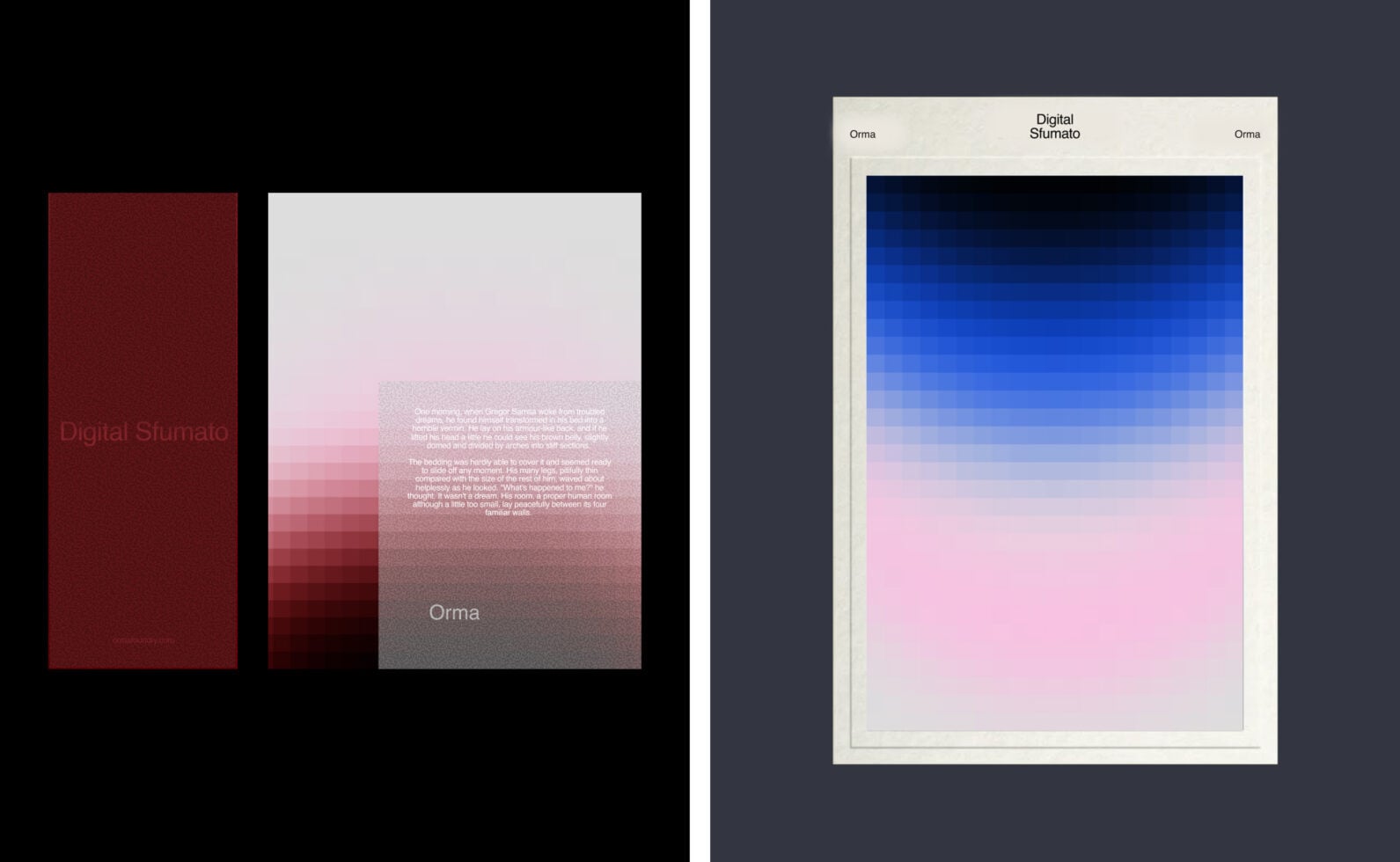 Gradient color swatches transitioning from deep red to pink to grey, plus blue to pink palette mockup