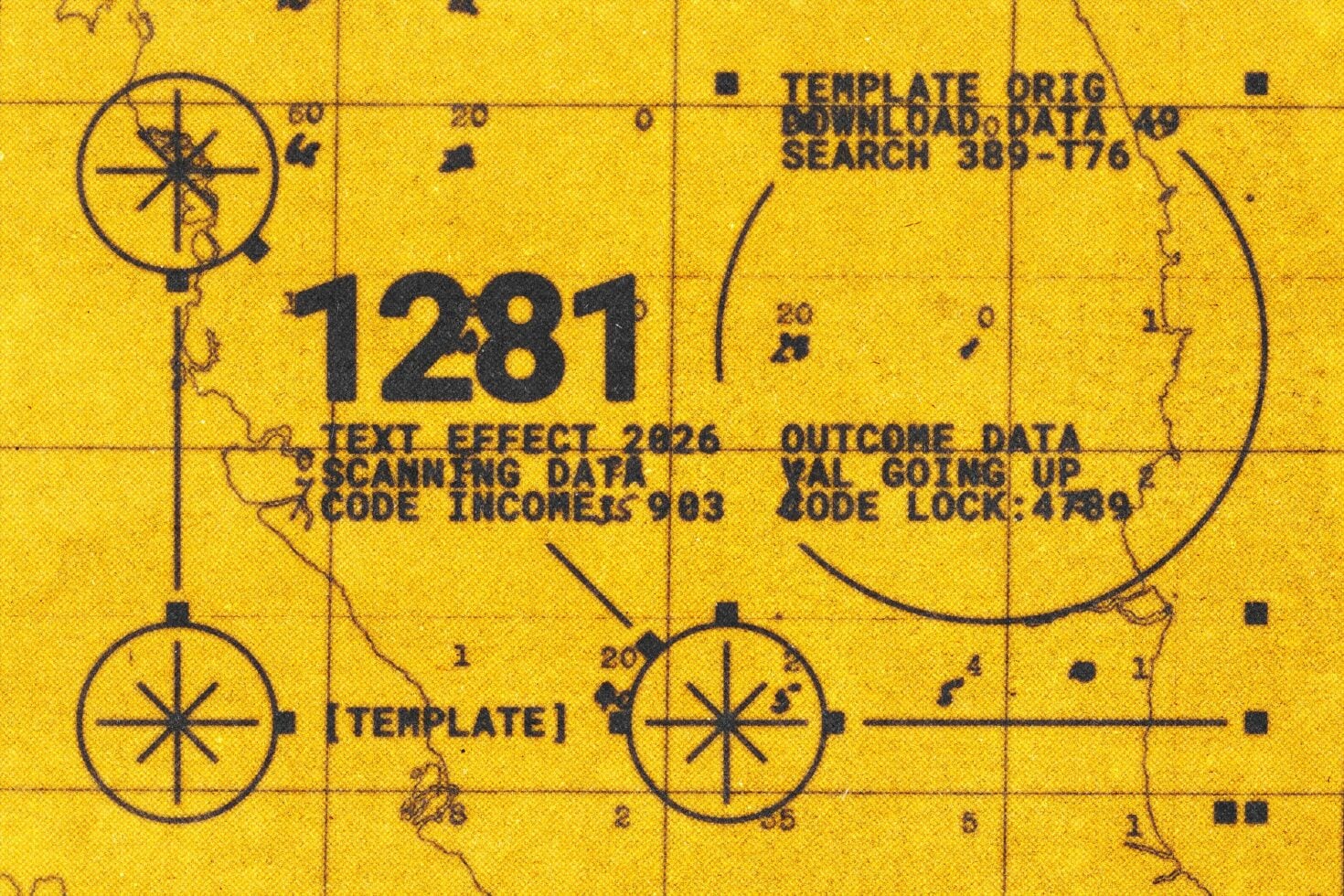 Vintage yellow blueprint with compass roses, grid lines, black stamped data codes, worn texture overlay