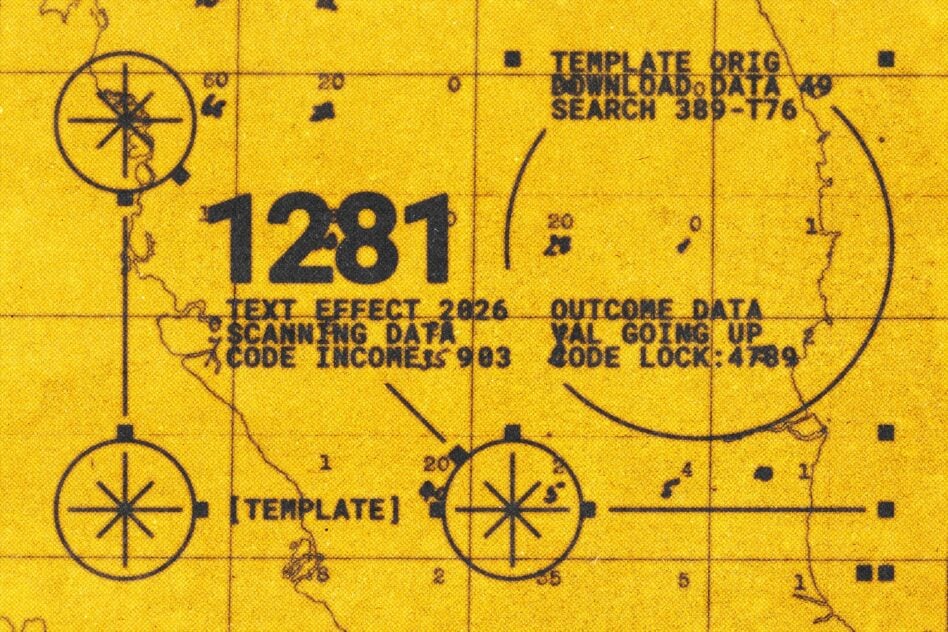 Vintage yellow blueprint with compass roses, grid lines, black stamped data codes, worn texture overlay