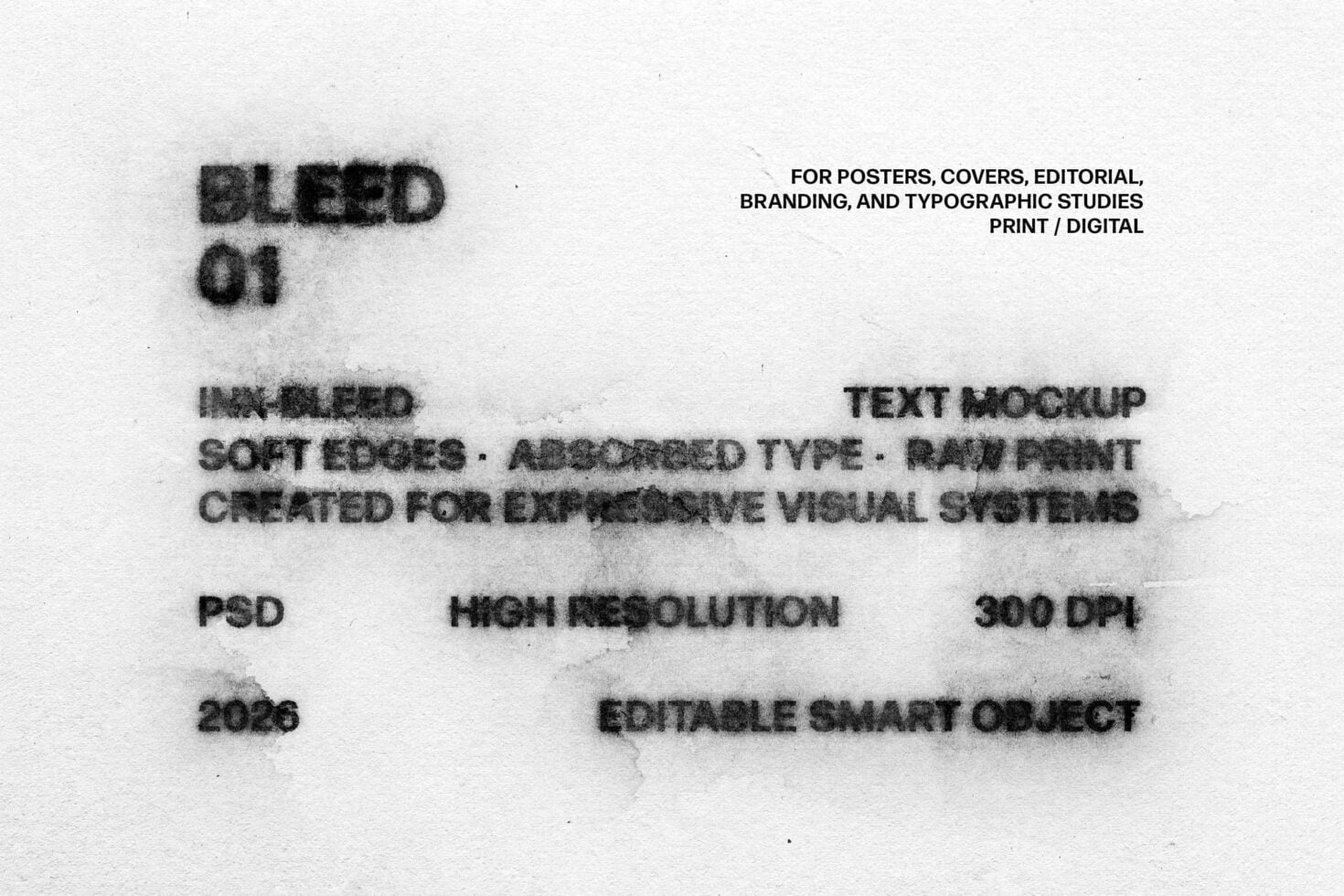 Blurred text mockup with soft edges on raw print texture, editable smart object