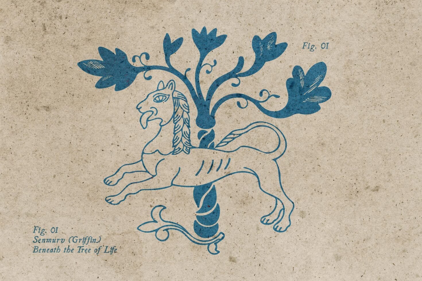 Vintage botanical illustration of mythical griffin creature with leafy tree growing from its back on aged paper