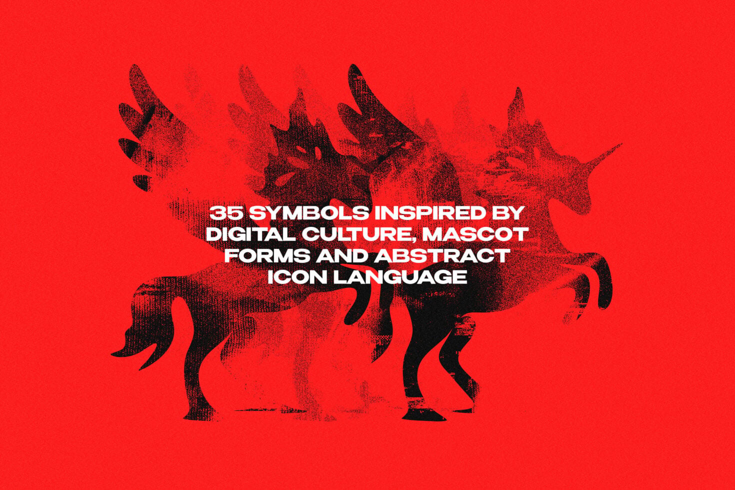 35 symbol icon set with textured dragon creature on bright red background