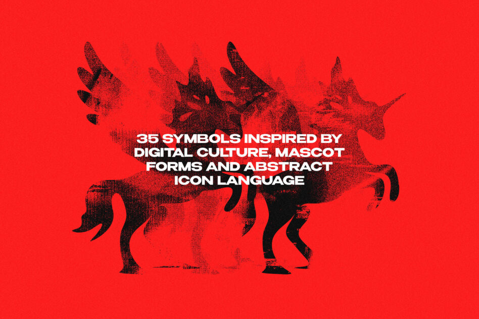 35 symbol icon set with textured dragon creature on bright red background