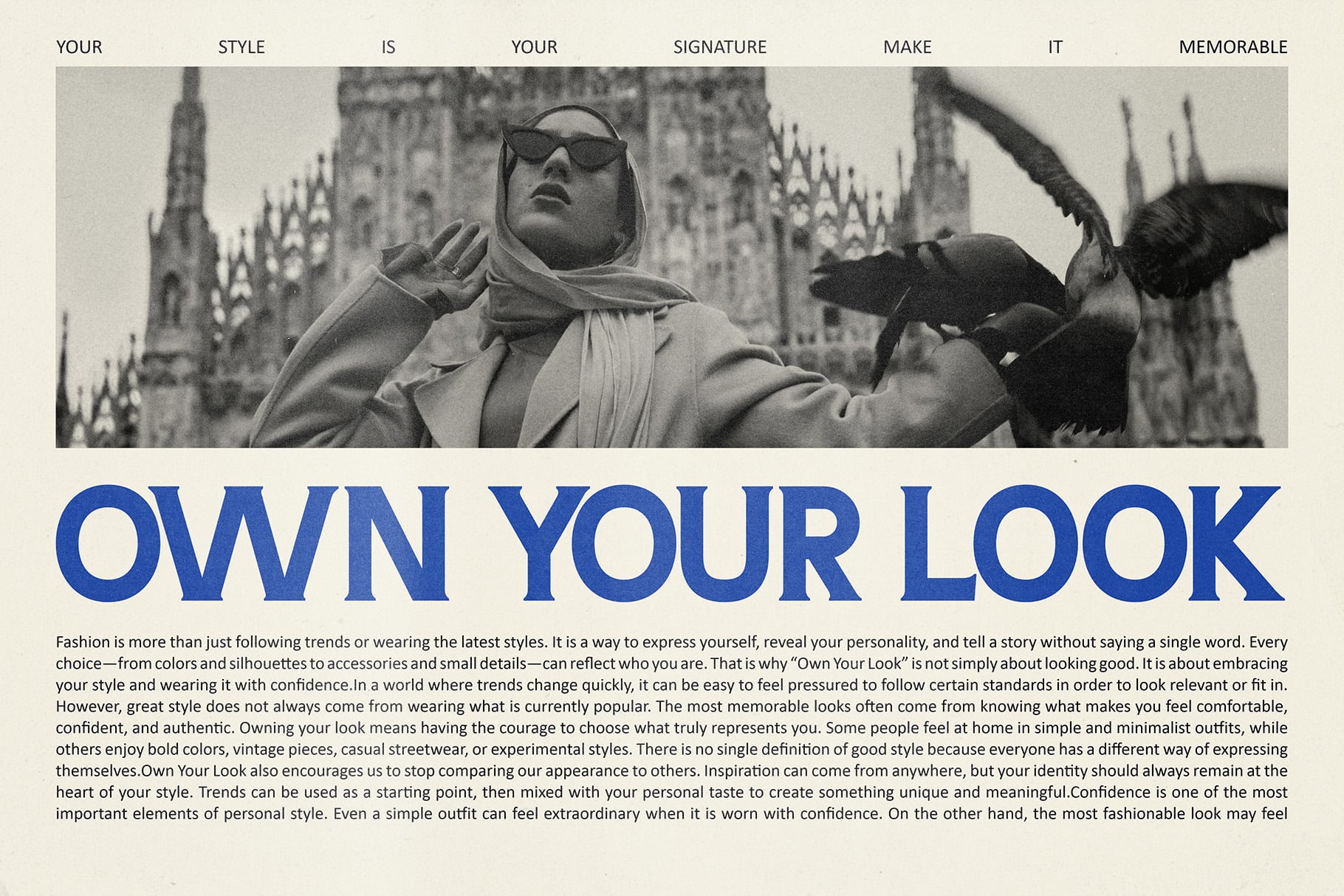 Vintage black-and-white fashion poster with bold blue typography about owning your personal style