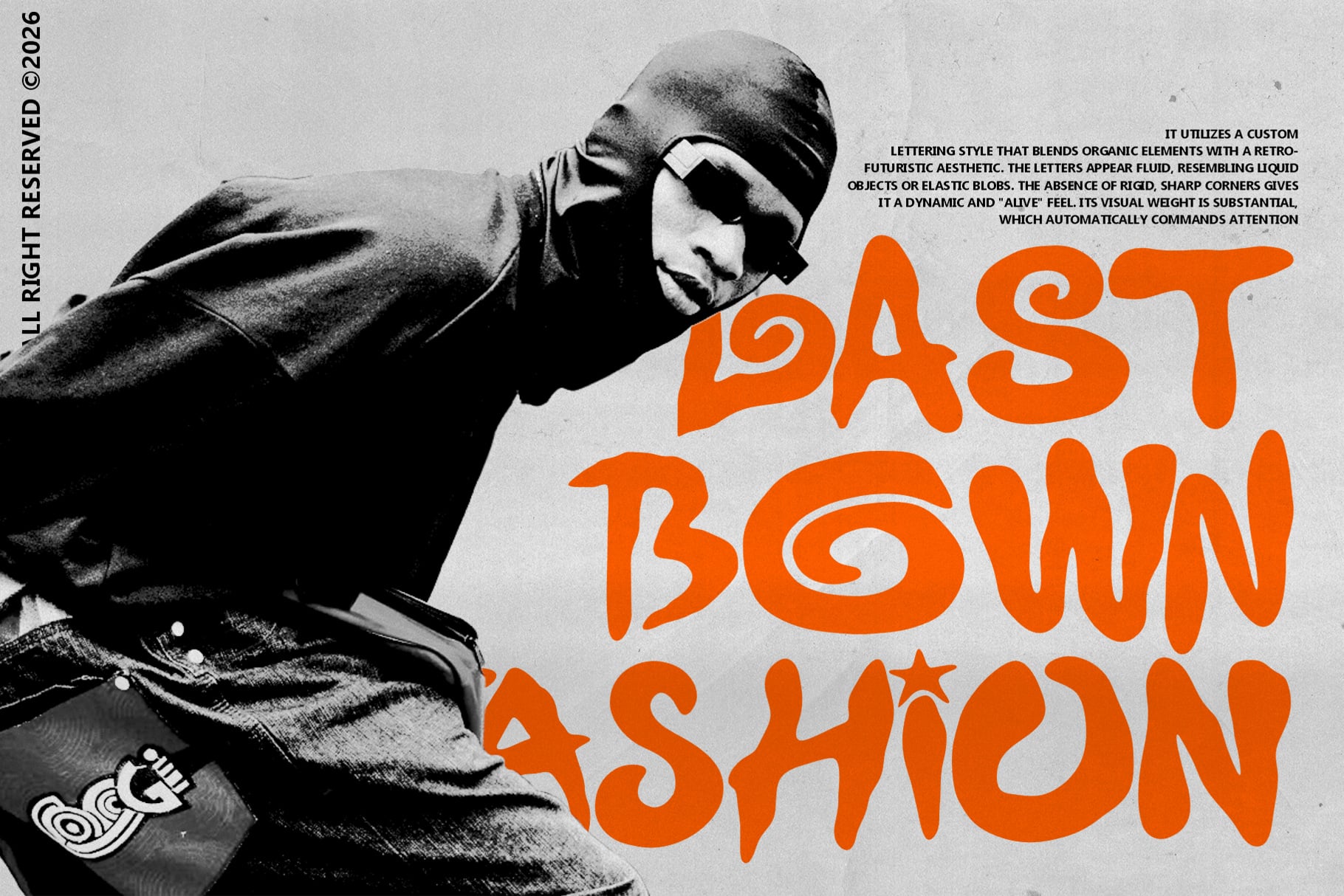 Retro font with fluid, organic letterforms in bright orange over black-white vintage photo of person in sunglasses
