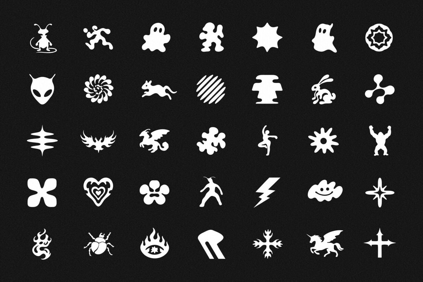 Quirky icon set with creatures, mystical symbols, geometric shapes on dark background