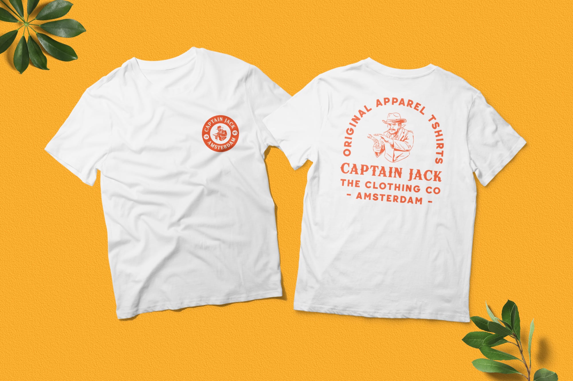White tee mockup front back with Captain Jack retro orange print on yellow background