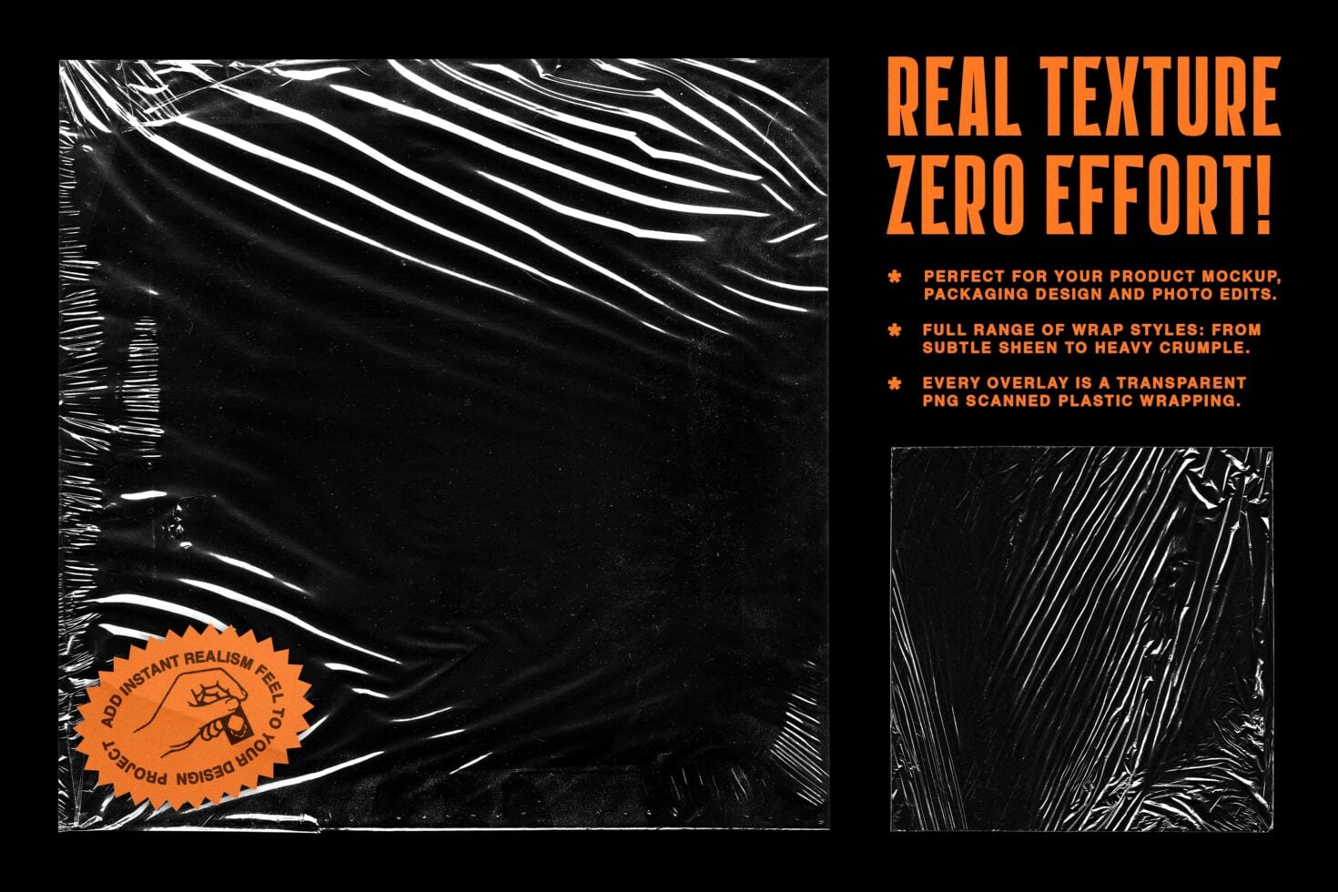 Crinkled black plastic wrap texture overlay with white highlight streaks