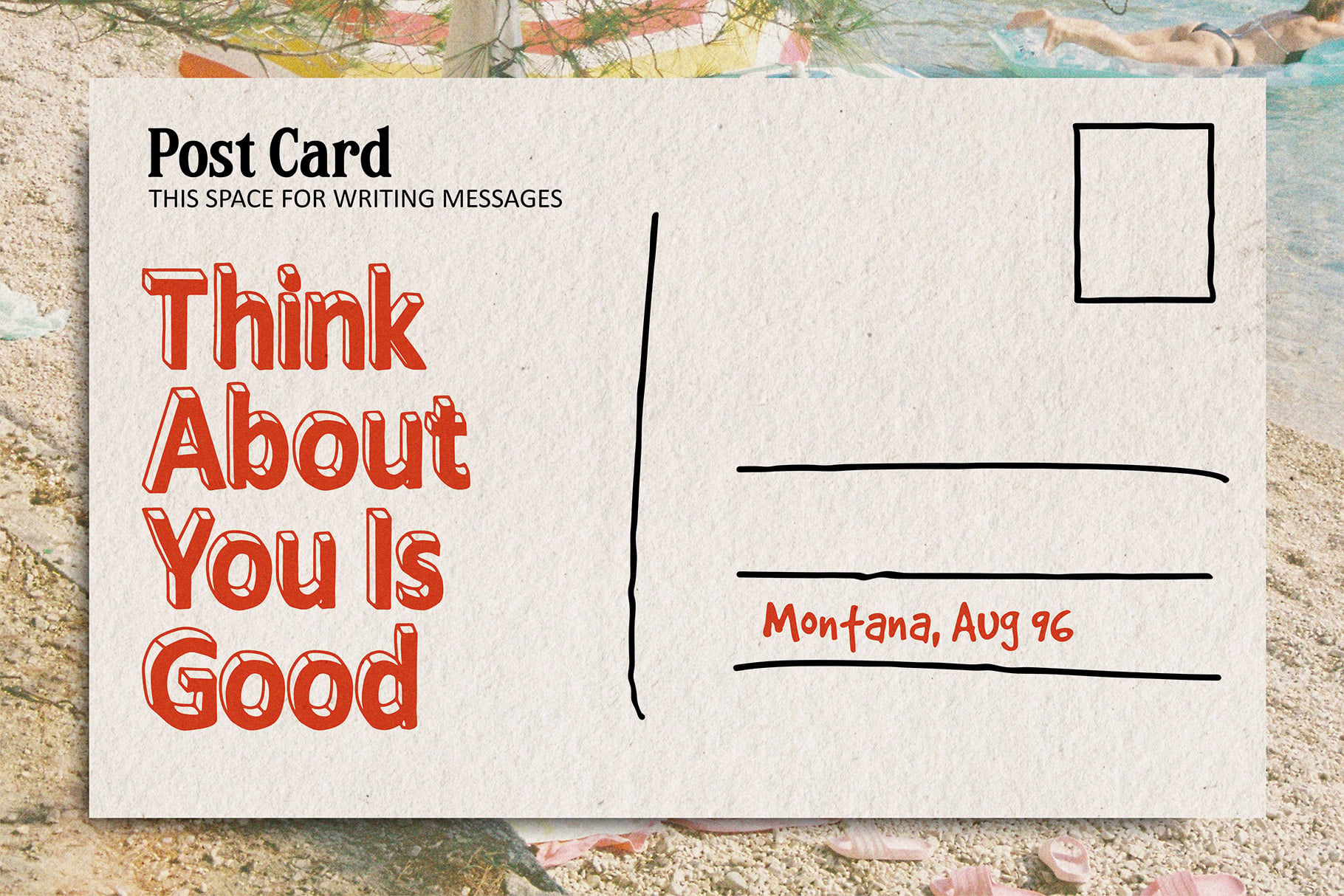 Vintage postcard mockup with red handwritten text saying Think About You Is Good