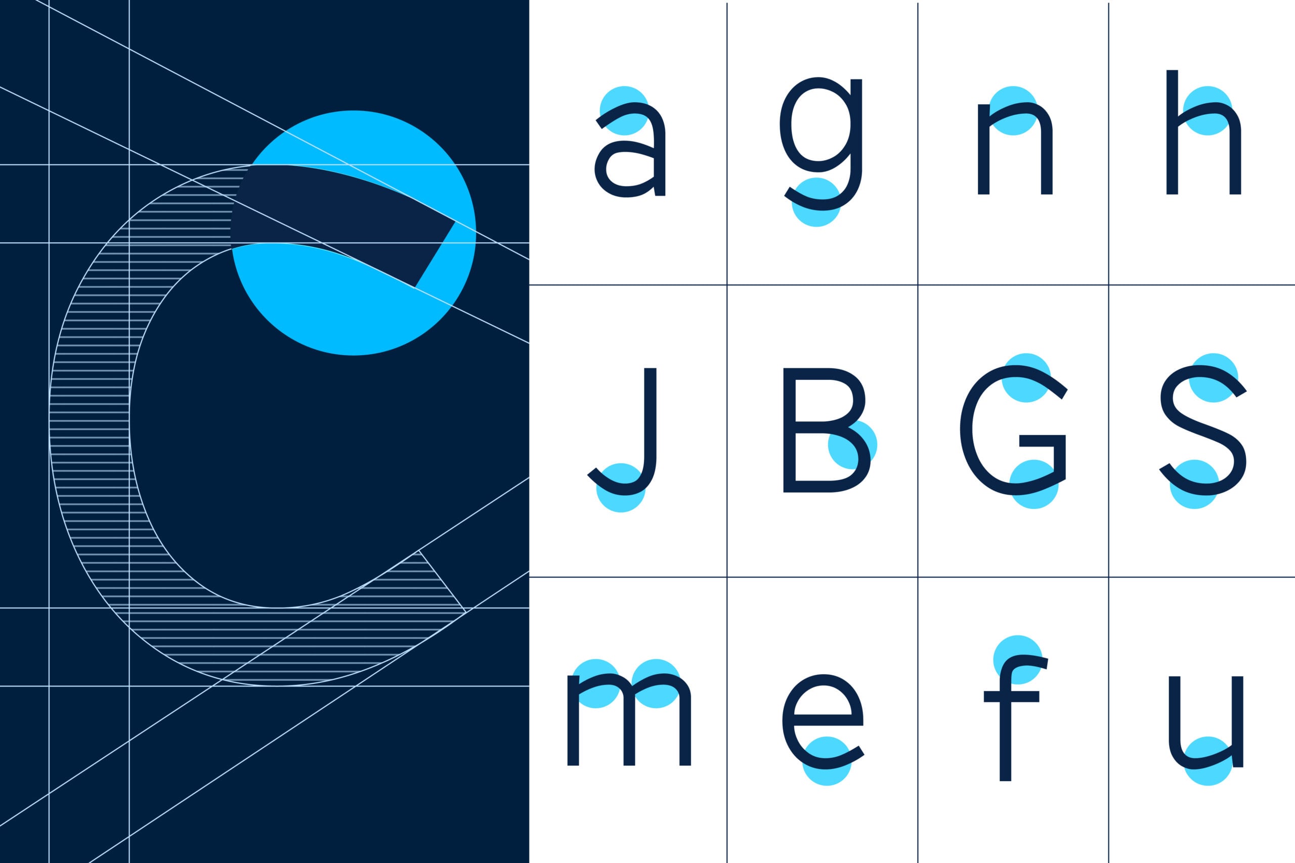 Modern tech font with cyan geometric shapes integrated into lowercase letters on white grid