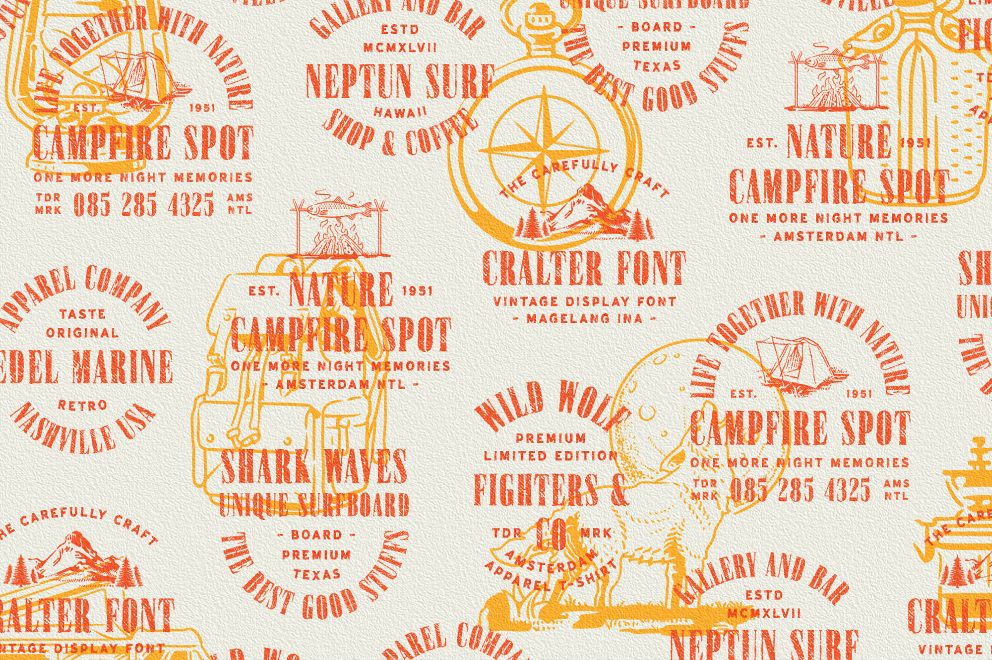Retro outdoor badges with camping, surfing, skateboarding themes in orange on cream texture