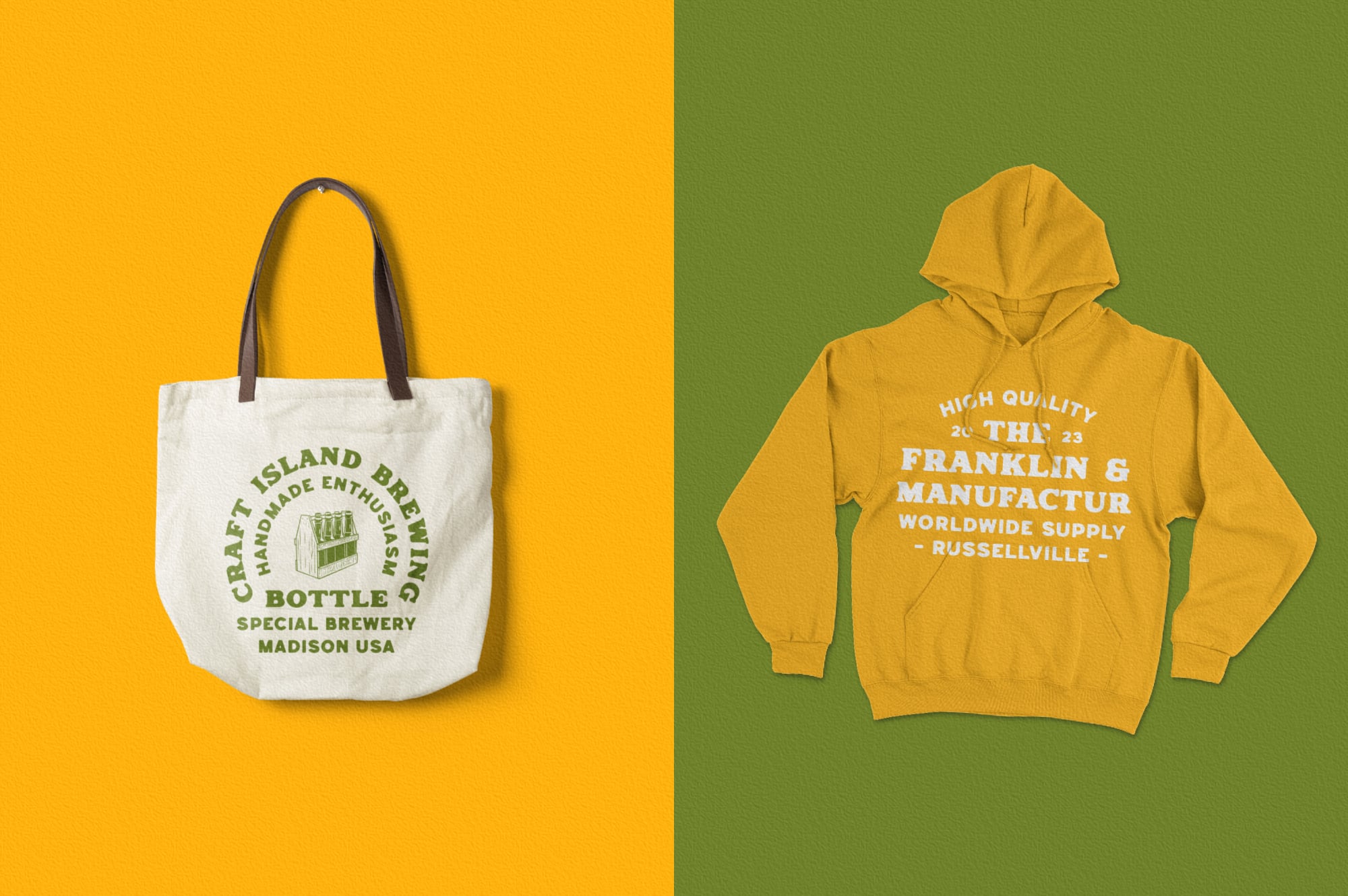 Split screen showing cream tote bag with brewery text on yellow, mustard hoodie with manufacturing print on green