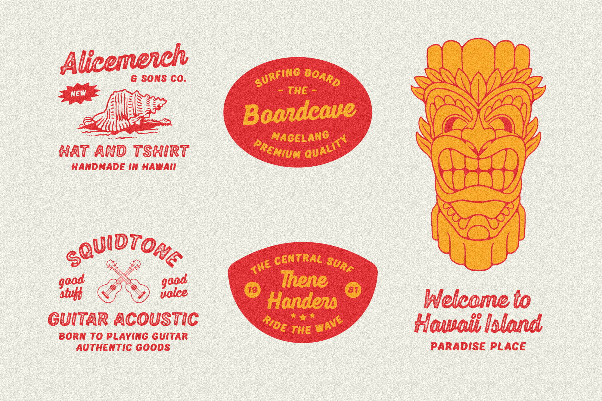 Vintage Hawaiian logos with tiki mask, surf shop badges, guitar acoustic branding, retro island vibes