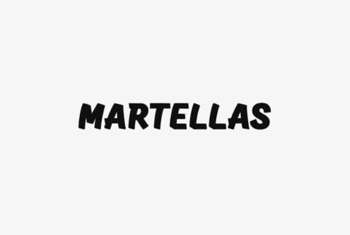 Bold black italic typeface spelling out Martellas on light gray background