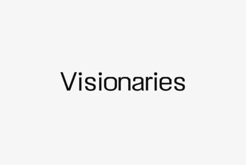 Visionaries word displayed in clean sans serif typeface on light gray background